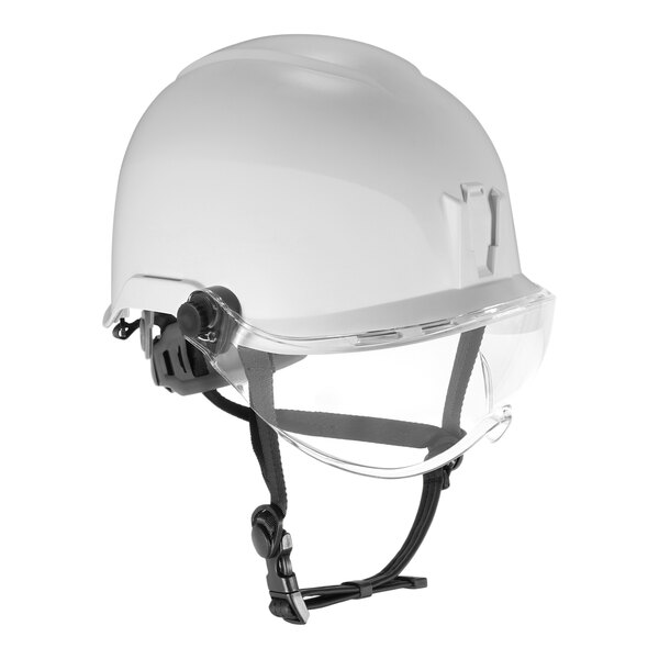 A white Ergodyne hard hat with clear plastic visor attached.