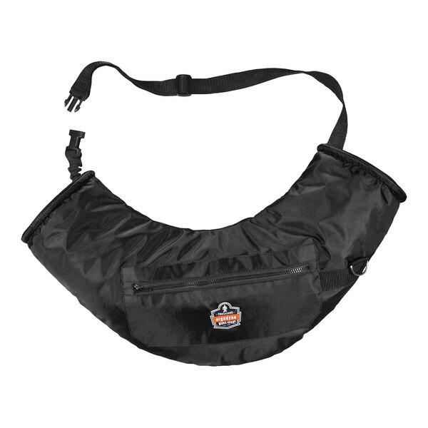 An Ergodyne black hand warmer muff with a black strap.