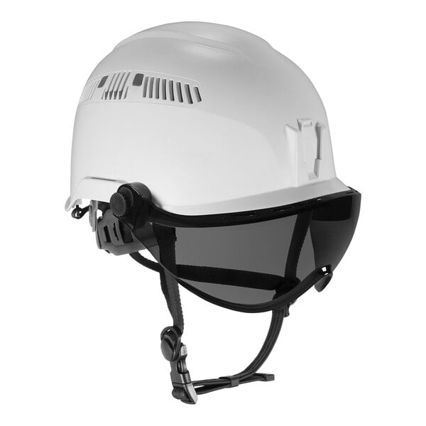 A white Ergodyne Skullerz safety helmet with a black visor.