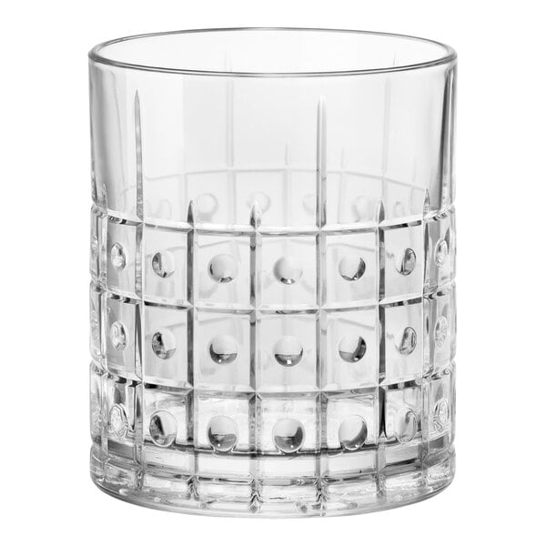 A clear Bormioli Rocco water glass with a pattern.