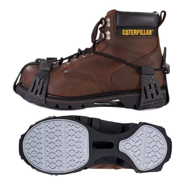 A close up of a brown Caterpillar work boot with a strap attached to an Ergodyne TREX 6326 Traction Device.