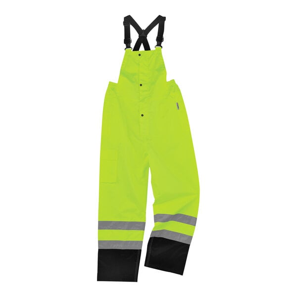 Ergodyne yellow and black rain bib overalls with reflective stripes.