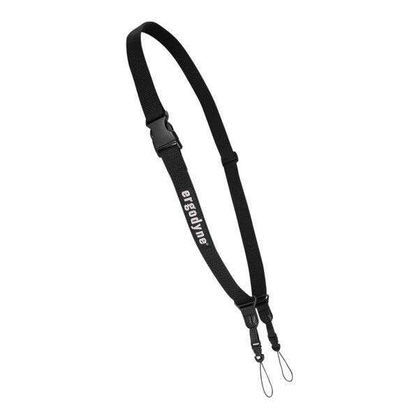 A black Ergodyne Squids lanyard strap with white text and a metal buckle.