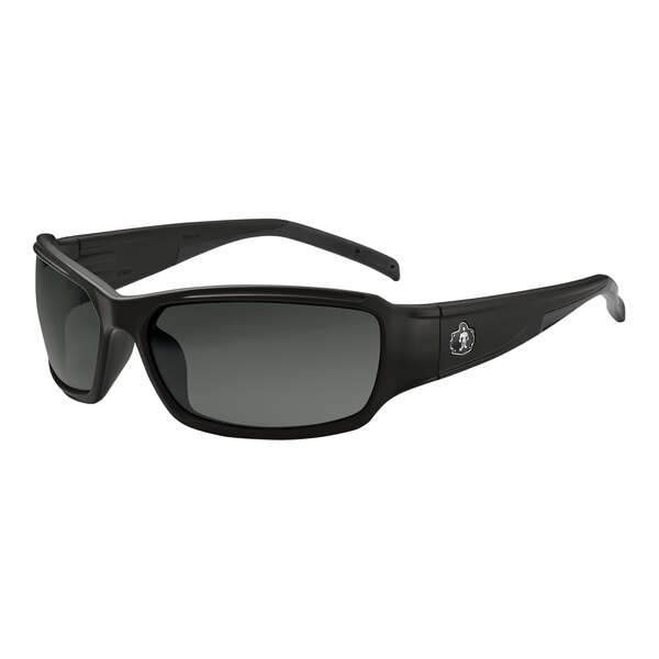 Ergodyne Skullerz THOR safety glasses with a black frame and smoke lenses.