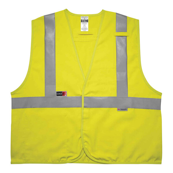 An Ergodyne hi-vis lime green safety vest with reflective stripes.