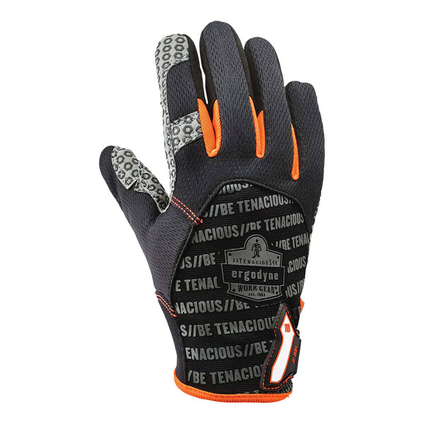A close up of an Ergodyne ProFlex black work glove with hex silicone palm coating and orange accents.