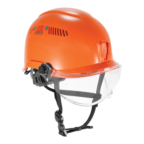 An orange Ergodyne Skullerz safety helmet with clear visor.