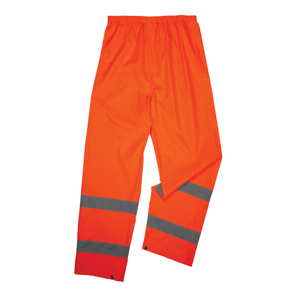 Ergodyne hi-vis orange rain pants with grey reflective stripes.