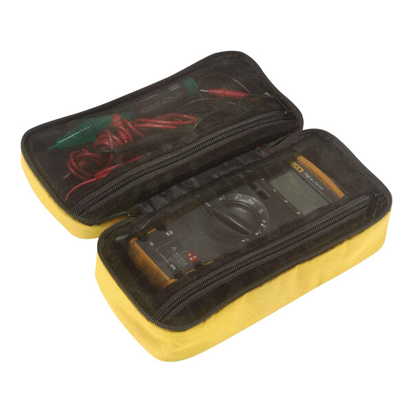A yellow Ergodyne Arsenal Buddy Organizer with a black and red cord and a black device inside.