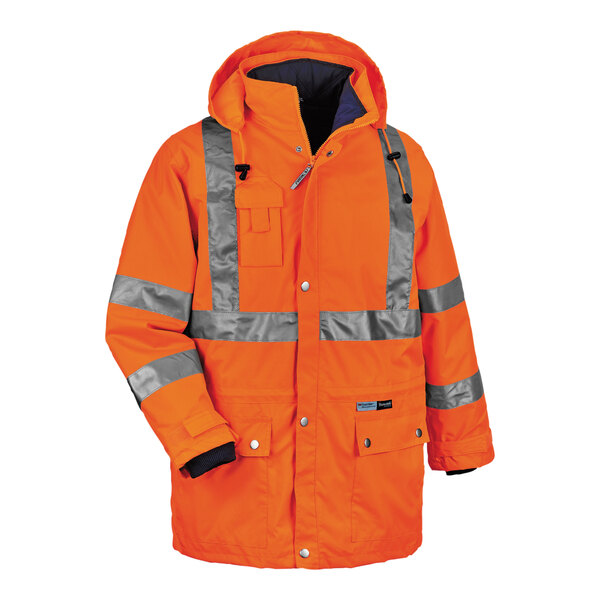 An orange Ergodyne hi-vis jacket with reflective stripes.