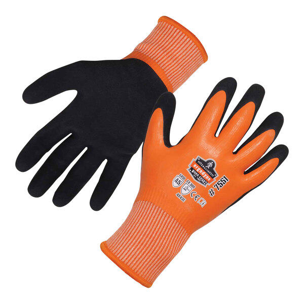 A pair of orange and black Ergodyne ProFlex work gloves.