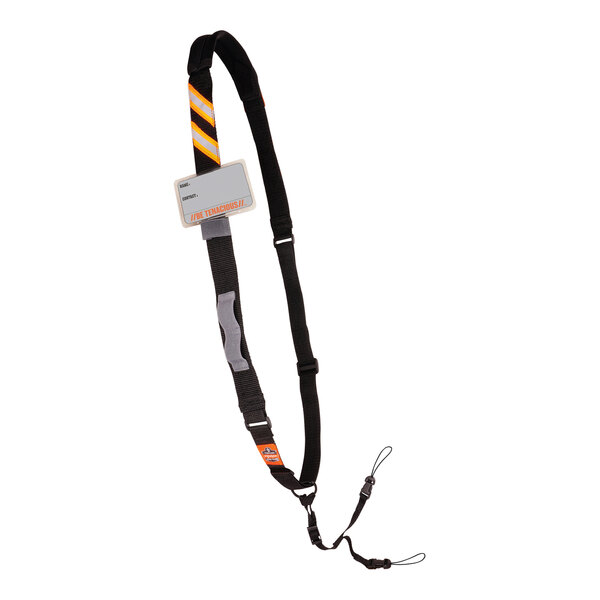 An Ergodyne black and orange padded sling lanyard with a yellow tag.