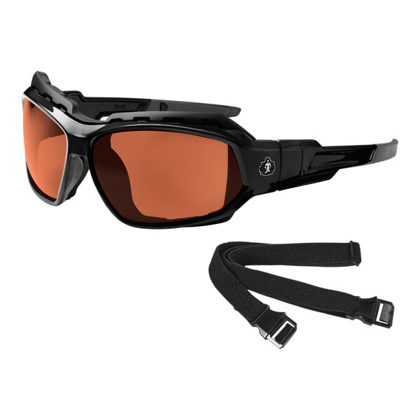 Ergodyne Skullerz LOKI Polarized Convertible Safety Spoggles with Copper Lenses, Matte Black Frame, and Elastic Strap, a pair of sunglasses with a black strap and orange lenses.