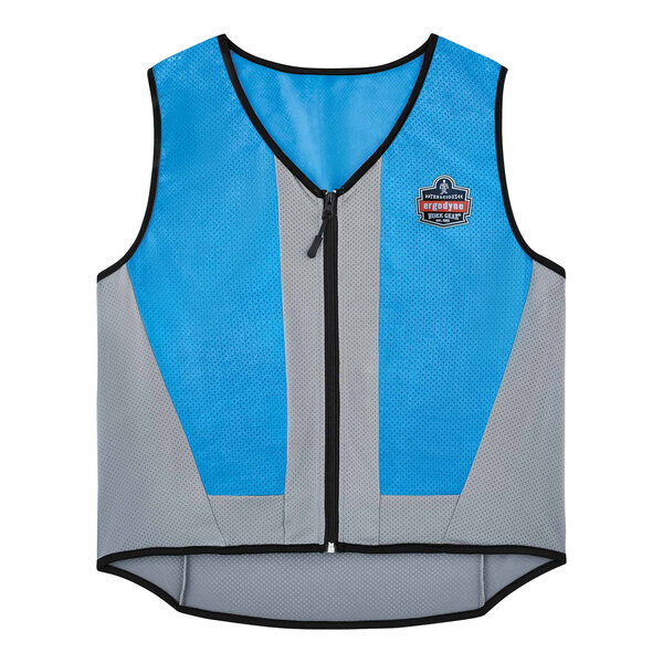 An Ergodyne blue and grey PVA evaporative cooling vest with a zipper.