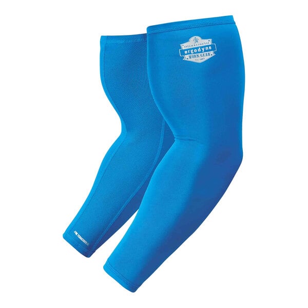 A pair of blue Ergodyne Performance Knit evaporative cooling arm sleeves.