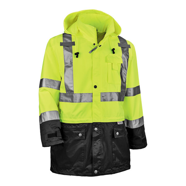 An Ergodyne yellow and black rain jacket with reflective stripes on the front.