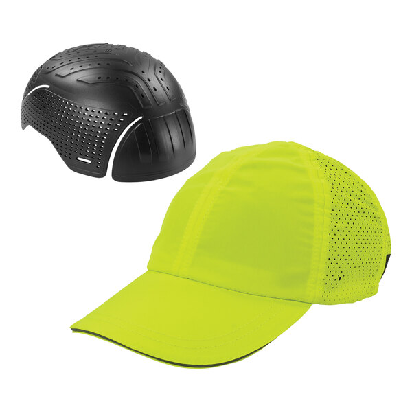 A black and yellow baseball cap with a lime green insert.