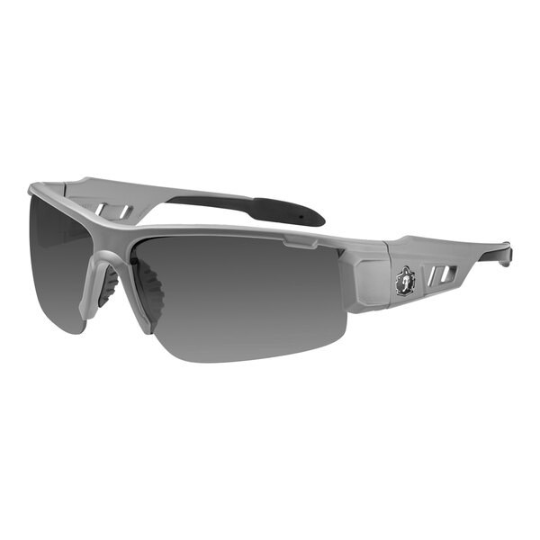 Ergodyne Skullerz DAGR safety glasses with matte gray frame and polarized smoke lenses.