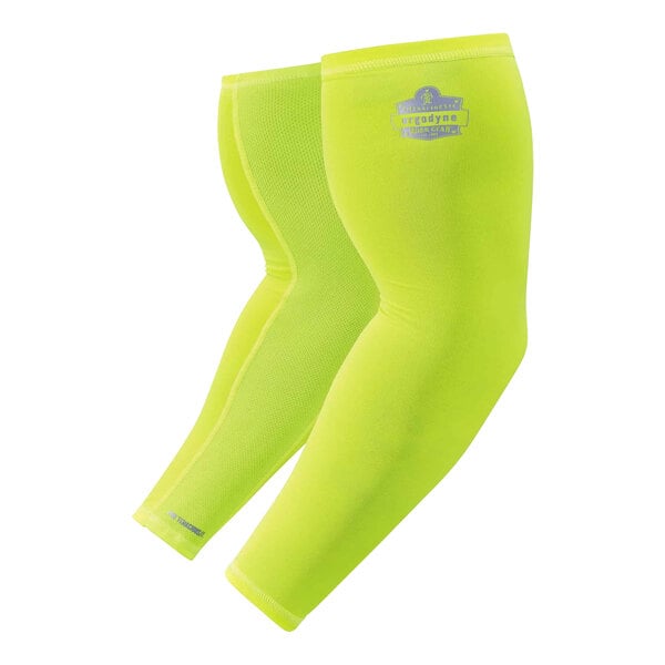A pair of Hi-Vis lime green Ergodyne evaporative cooling arm sleeves with a logo.