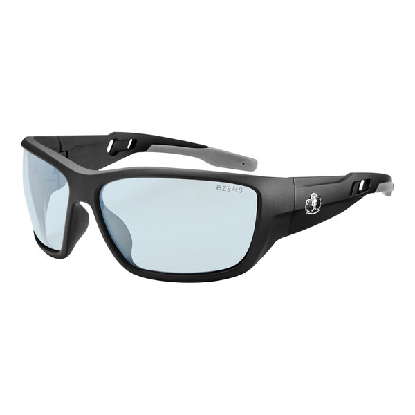 Ergodyne Skullerz BALDR safety glasses with a matte black frame and blue lenses.