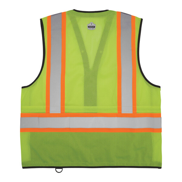 A yellow reflective vest with orange and black stripes.