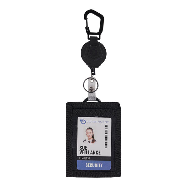 An Ergodyne black wallet ID badge holder with a keychain.