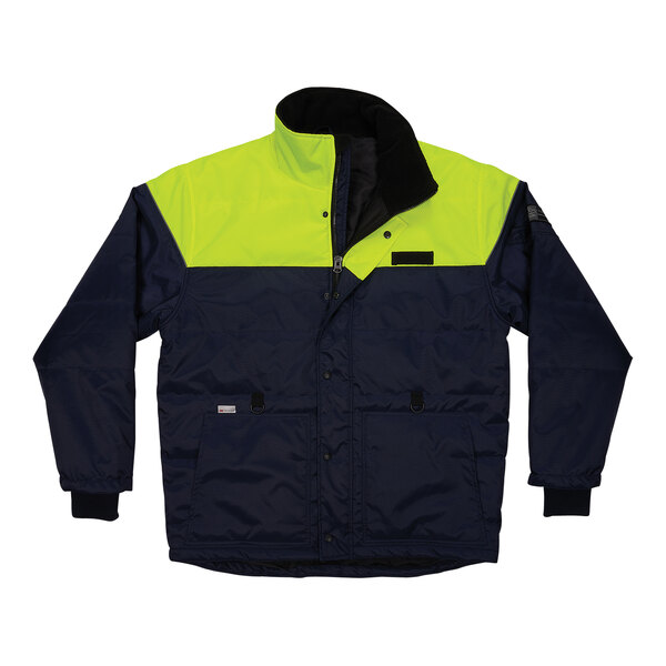 An Ergodyne high visibility freezer jacket in navy with yellow and black lining and reflective accents.