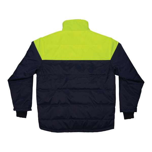 A navy blue and yellow Ergodyne freezer jacket with reflective accents.