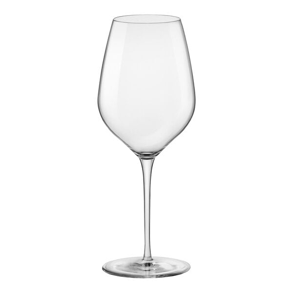 A close-up of a Bormioli Rocco InAlto Tre Sensi from Steelite International wine glass with a long stem.