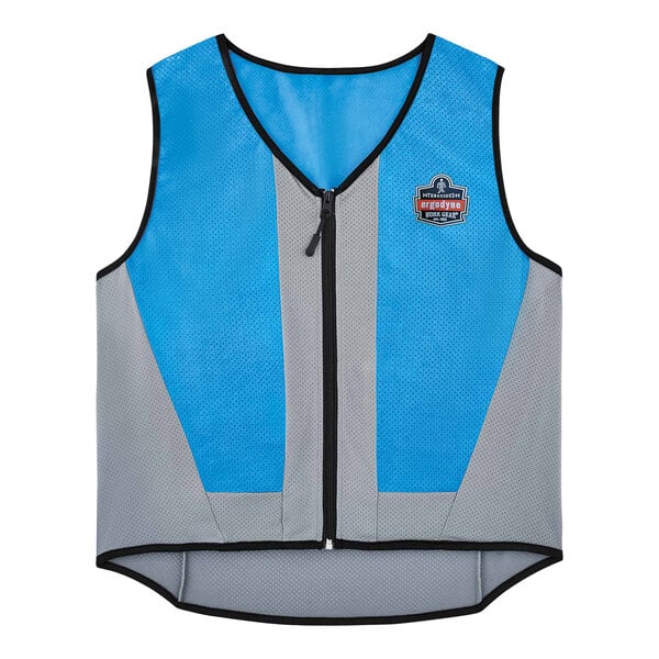 A blue and grey Ergodyne Chill-Its PVA cooling vest with a logo on it.