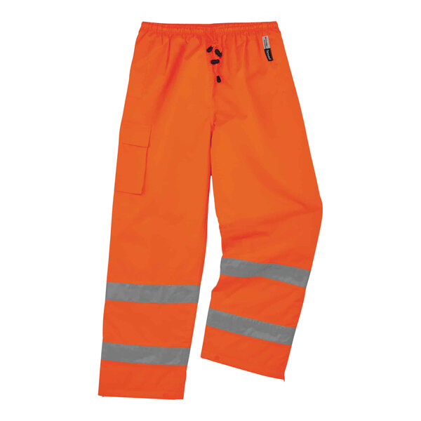 Ergodyne hi-vis orange thermal pants with grey reflective stripes.