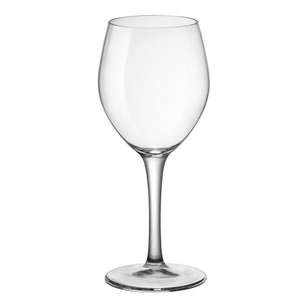 A close-up of a clear Bormioli Rocco wine glass with a stem.