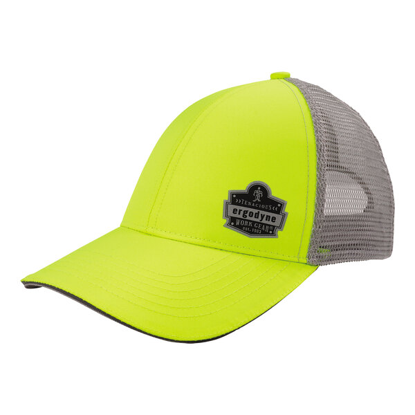 A yellow trucker hat with a grey logo on the front.