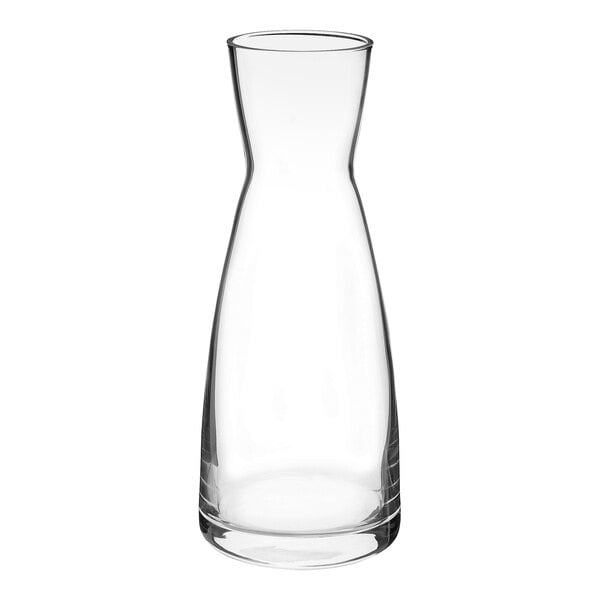 A clear glass Bormioli Rocco carafe with a white background.