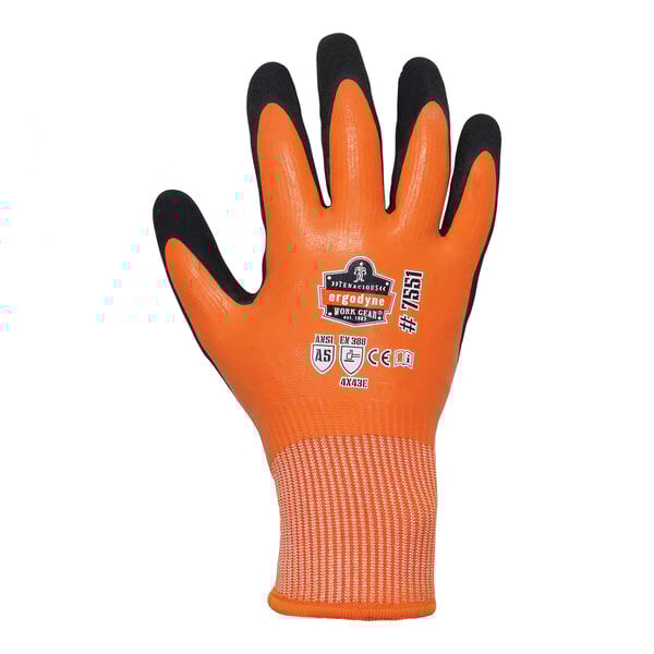 An orange and black Ergodyne ProFlex winter work glove with an orange sandy nitrile palm coating.