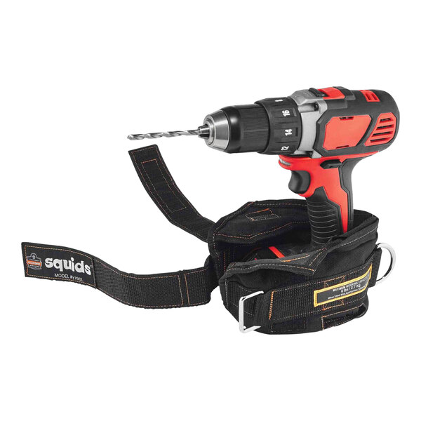 An Ergodyne Squids small power tool trap attached to a cordless drill with a black strap with orange stitching.