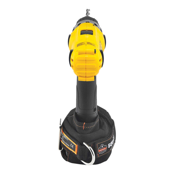 A close-up of a yellow and black Ergodyne Squids power tool trap on a yellow and black drill.