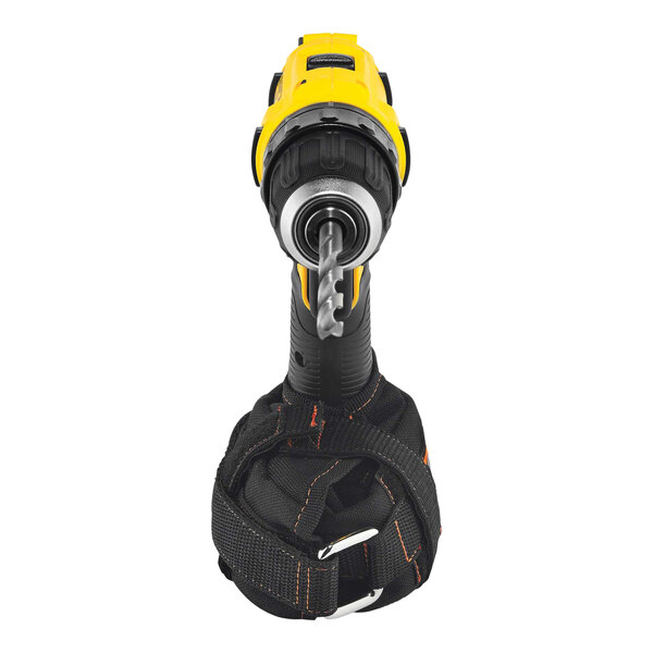 A yellow and black Ergodyne Squids power tool trap on a drill.