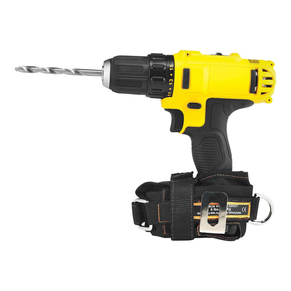 A yellow and black drill with a black strap attached to it using an Ergodyne Squids Small Power Tool Trap.