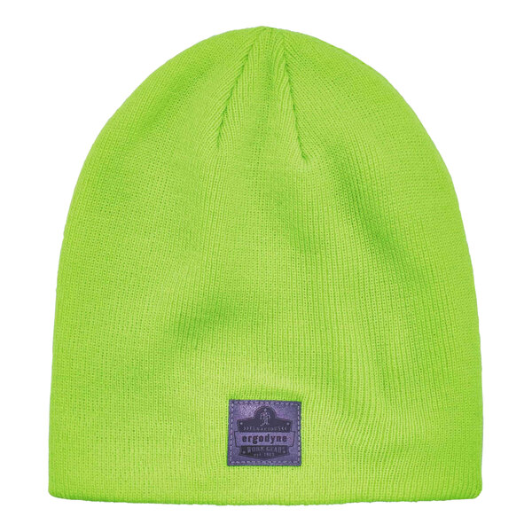 A lime green rib knit beanie with a black patch on the front.