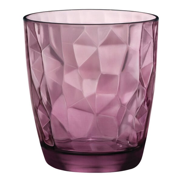 A purple Bormioli Rocco Diamond Rocks glass with a faceted pattern.