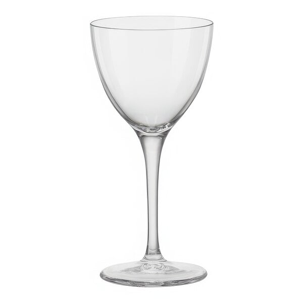 A close-up of a clear Bormioli Rocco Nick and Nora glass with a long stem.