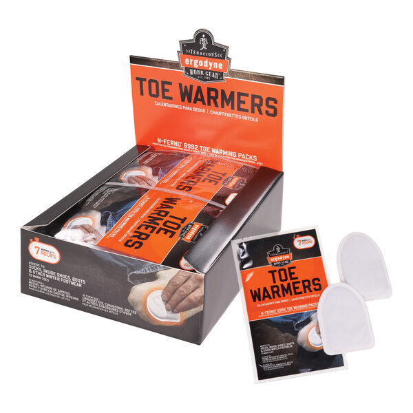 A box with a package of Ergodyne N-Ferno 6992 air-activated toe warmers.