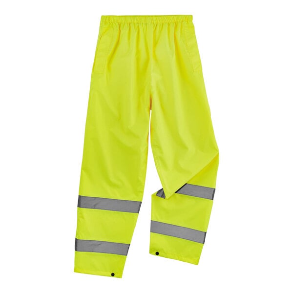 A pair of yellow Ergodyne rain pants with reflective stripes.