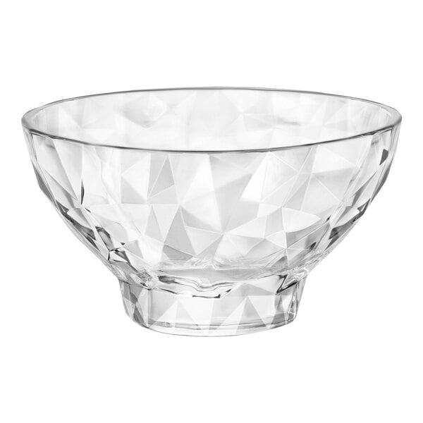 A clear Bormioli Rocco dessert bowl with a faceted design.