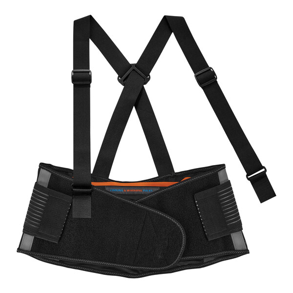 An Ergodyne ProFlex 1675 black back support belt with straps.