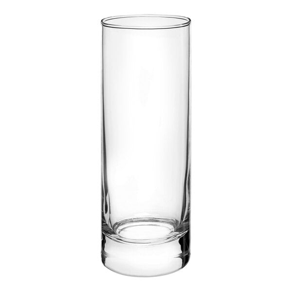 A Bormioli Rocco Cortina long drink glass with a clear liquid inside.