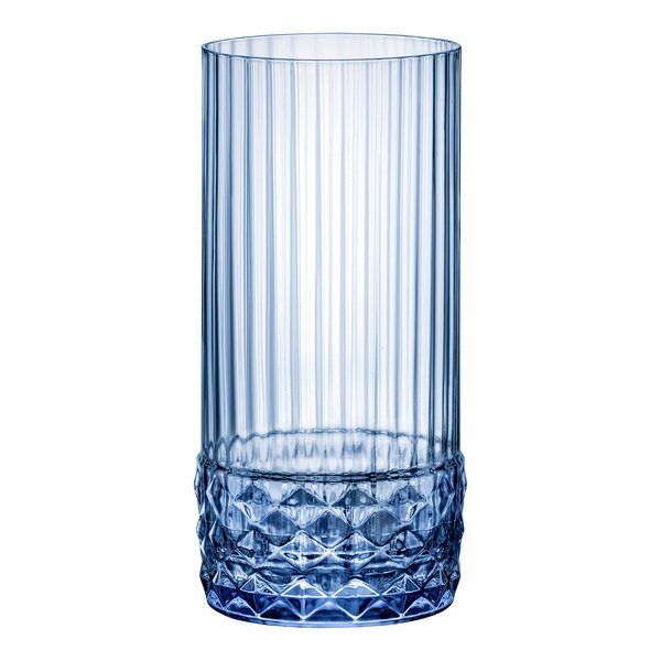 A Bormioli Rocco blue cooler glass with a diamond pattern.