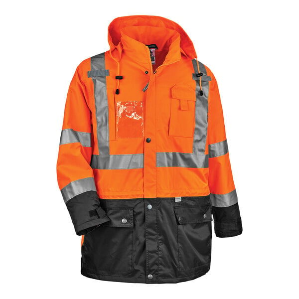 An orange and black Ergodyne GloWear safety jacket with reflective stripes.