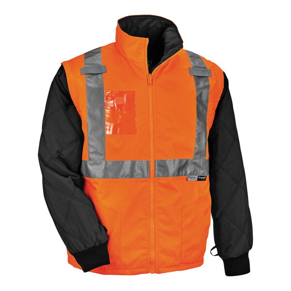 An Ergodyne high visibility orange jacket with reflective stripes.